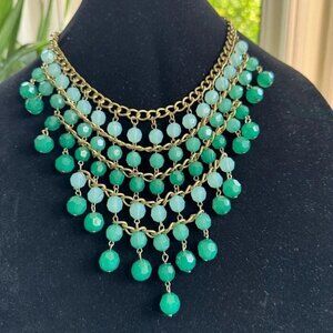 Beaded Green Fringe Bib Necklace with Gold Tone Chain Detail Pretty